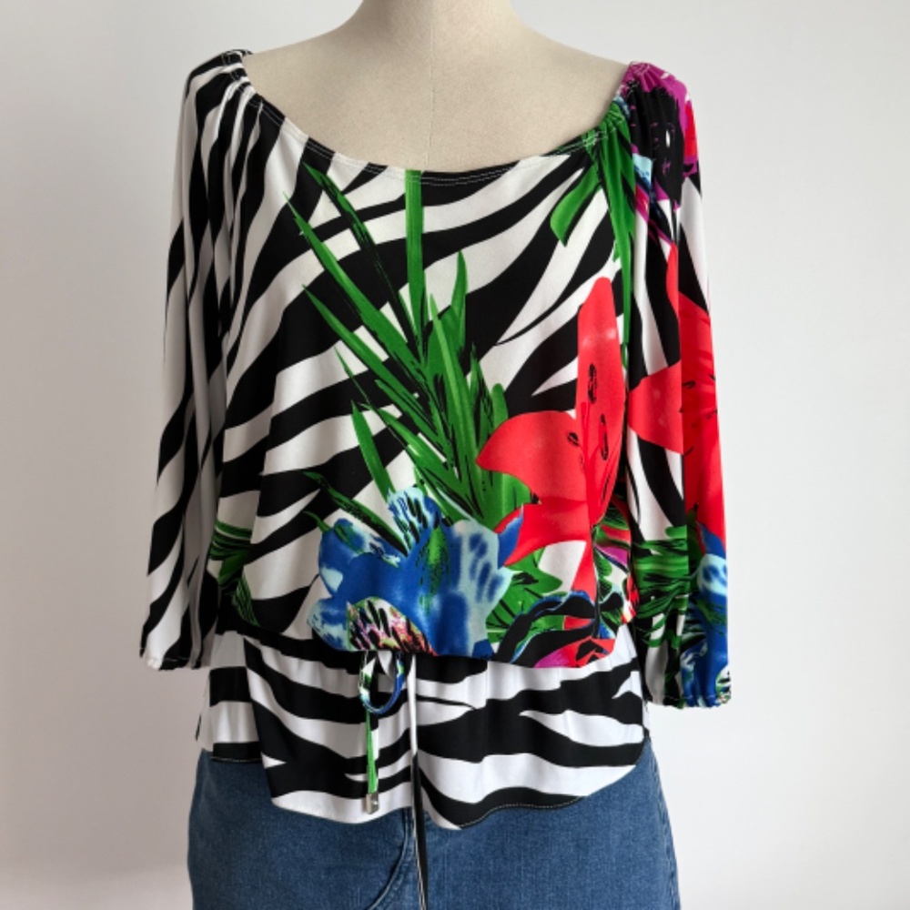 Joseph Ribkoff - Black and White Tropical Floral Zebra Print Jersey